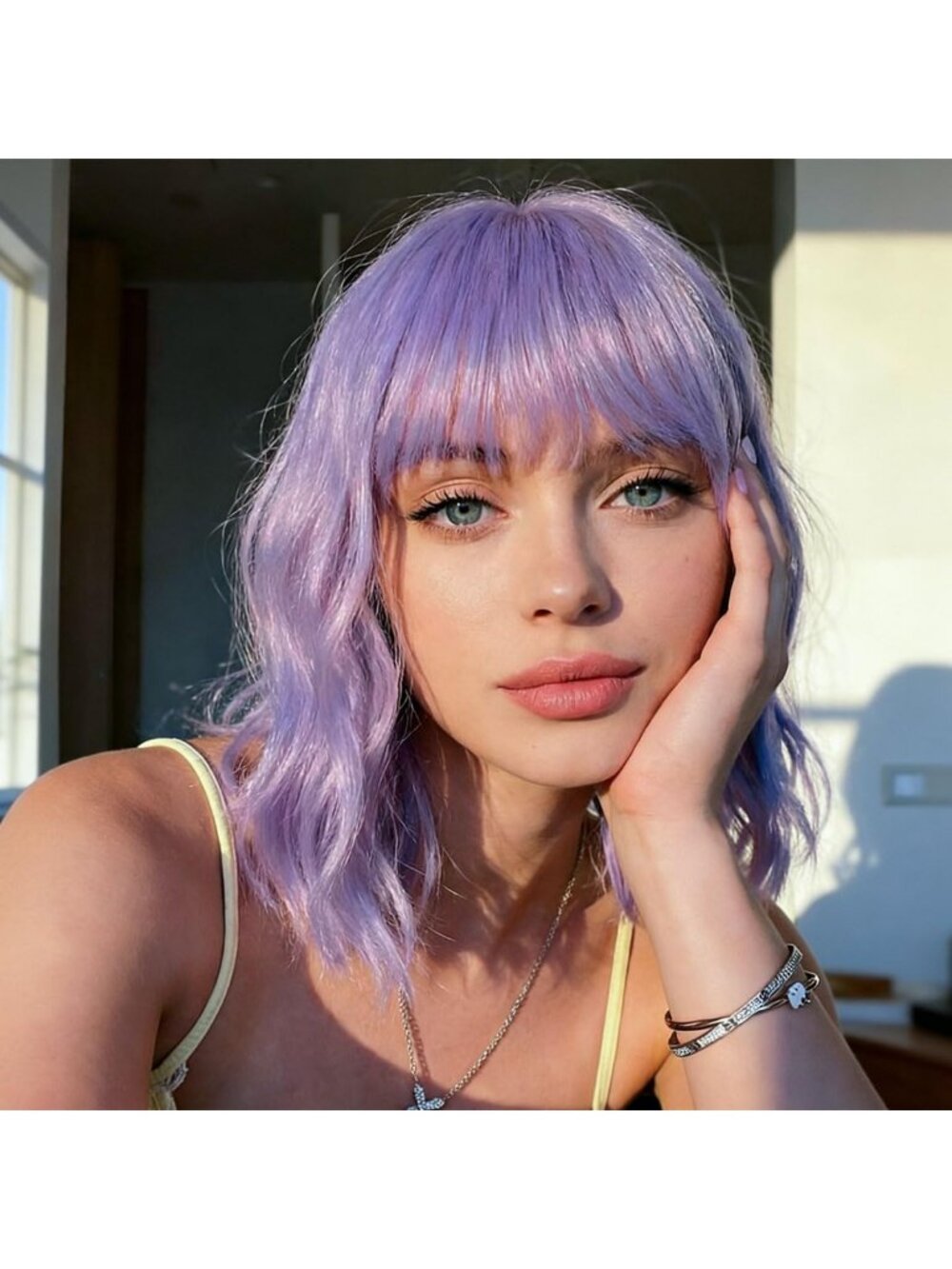 Women's Light Purple Short Adjustable Wavy Bob Wig with Bangs Cosplay and Party